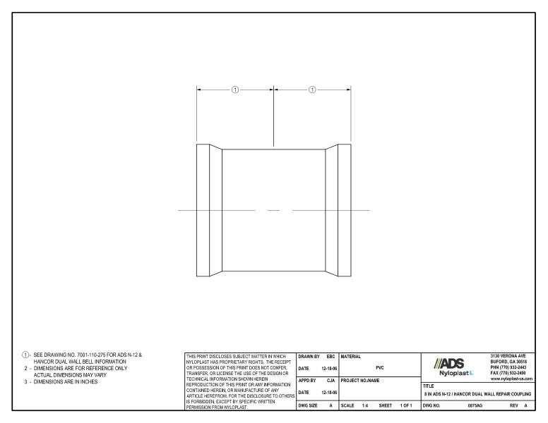 8" N-12 Dual Wall Repair Coupling Nyloplast Detail