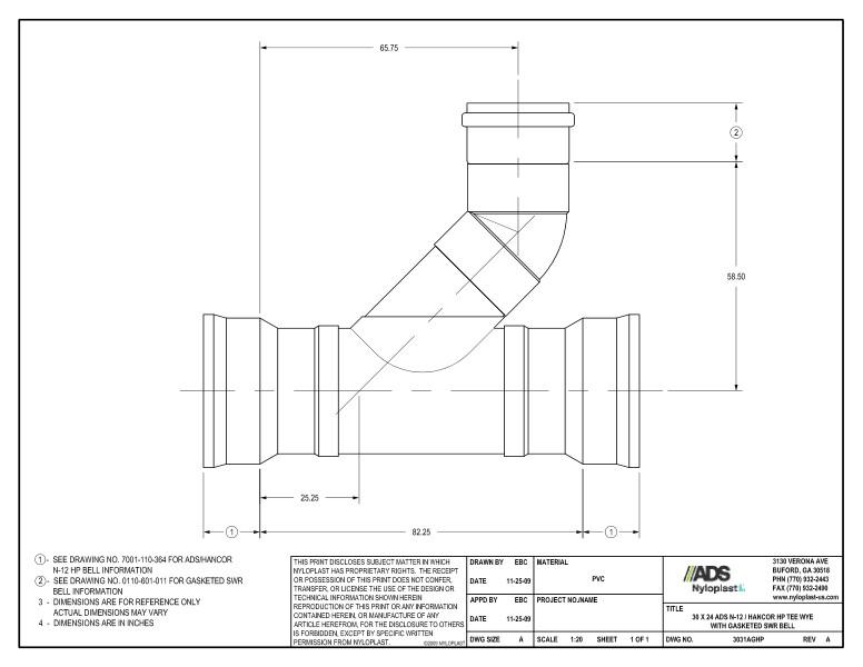 30 x 24 HP Tee Wye with Gasketed SWR Bell Nyloplast Detail