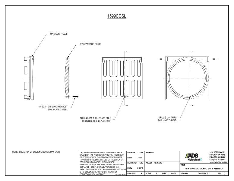15" Standard Locking Grate Assembly Nyloplast Detail