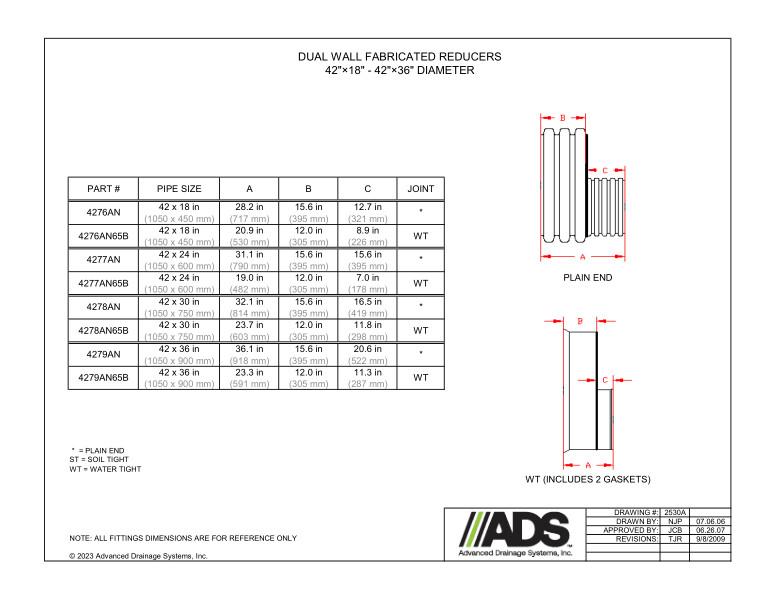 42" x 18" - 42" x 36" Fabricated Reducers (HDPE Dual Wall Fabricated Reducers Fittings)