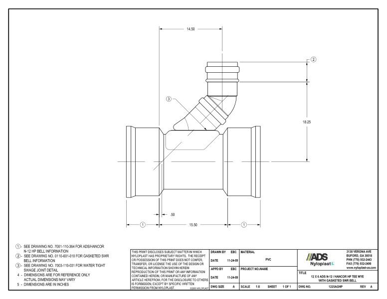 12 x 6 HP Tee Wye with Gasketed SWR Bell Nyloplast Detail