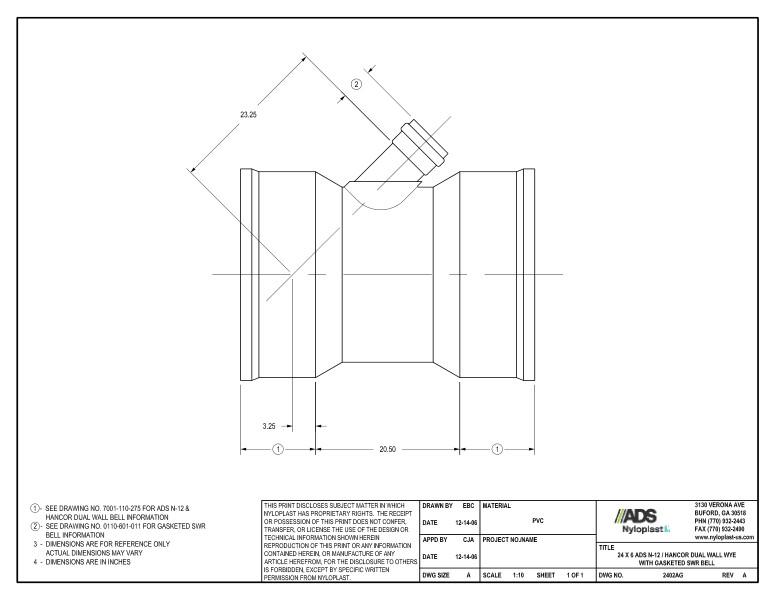 24 x 6 N-12 Dual Wall Wye with Gasketed SWR Bell Nyloplast Detail