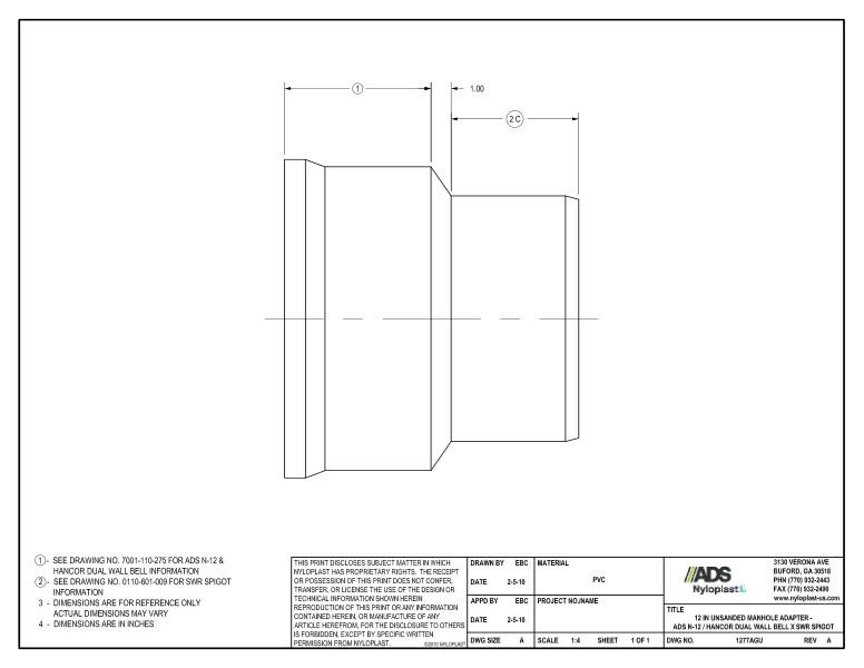 12" Unsanded Manhole Adapter - N-12 Dual Wall Bell x SWR Spigot Nyloplast Detail