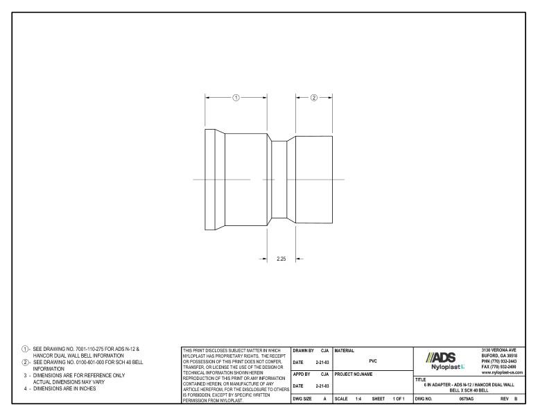 6" Adapter - N-12 Dual Wall Bell x SCH 40 Bell Nyloplast Detail