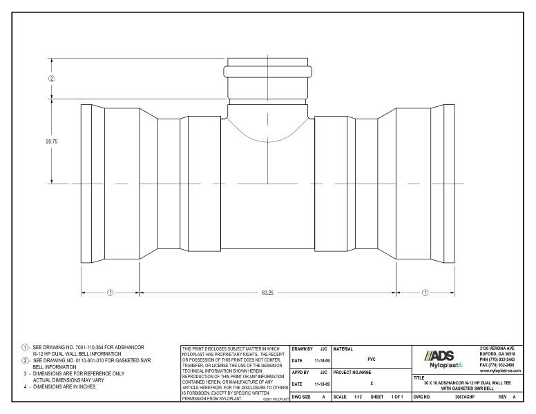 30 x 18 HP Tee with Gasketed SWR Bell Nyloplast Detail
