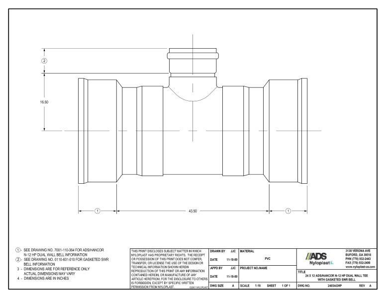 24 x 12 HP Tee with Gasketed SWR Bell Nyloplast Detail