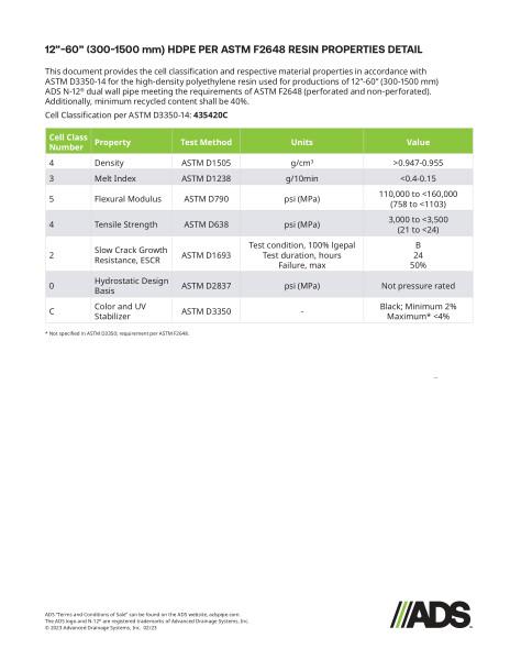 12"-60" HDPE per ASTM F2648 Resin Properties Detail