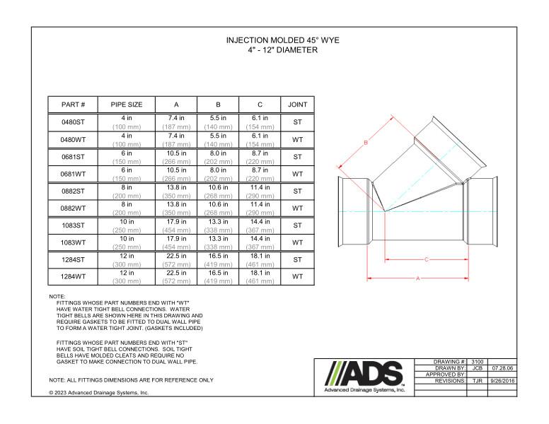 4" - 12" Injection Molded 45 Degree Injection Molded Wye (HDPE Dual Wall Injection Molded Wyes Fittings)