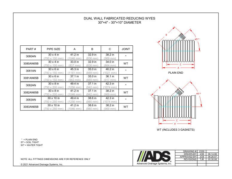 30" x 4" - 30" x 10" Fabricated Reducing Wyes (HDPE Dual Wall Fabricated Wyes Fittings)