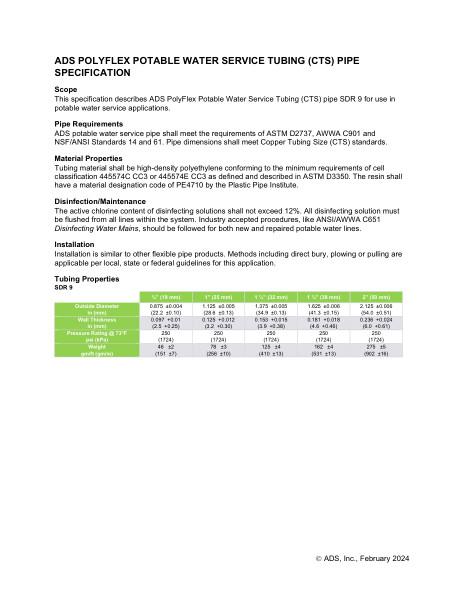 ADS PolyFlex Potable Water Service Tubing (CTS) Pipe Specification