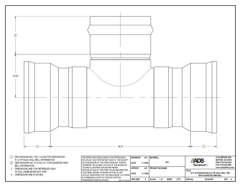 30 x 30 HP Tee with Gasketed SWR Bell Nyloplast Detail
