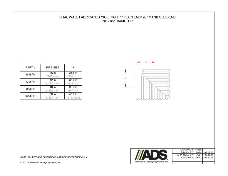 36" - 60" Fabricated Soil Tight Plain End 90 Degree Manifold Bends (HDPE Dual Wall Fabricated Manifolds Fittings)