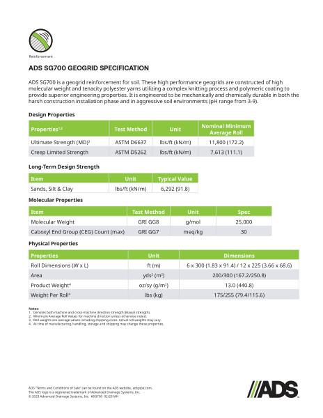 SG700 Geogrid Geosynthetic Specification