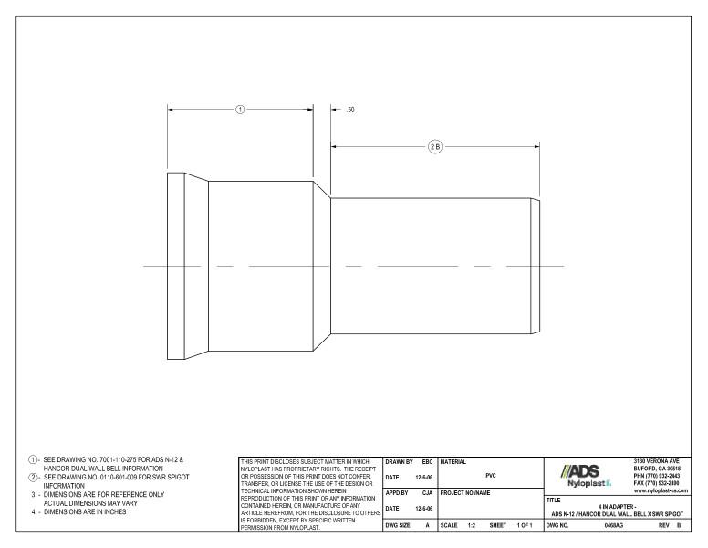4" Adapter - N-12 Dual Wall Bell x SWR Spigot Nyloplast Detail