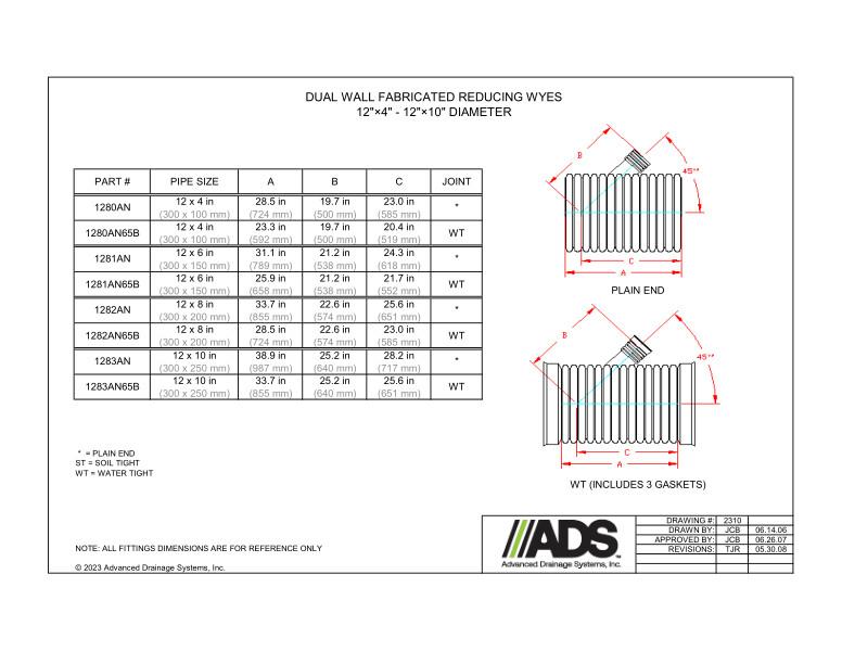 12" x 4" - 12" x 10" Fabricated Reducing Wyes (HDPE Dual Wall Fabricated Wyes Fittings)