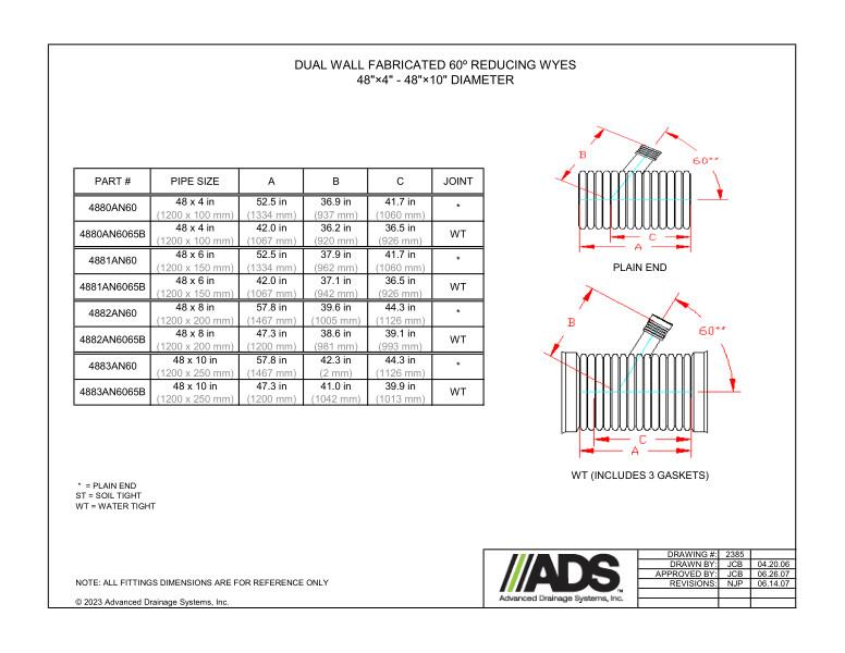 48" x 4" - 48" x 10" Fabricated 60 Degree Reducing Wyes (HDPE Dual Wall Fabricated Wyes Fittings)