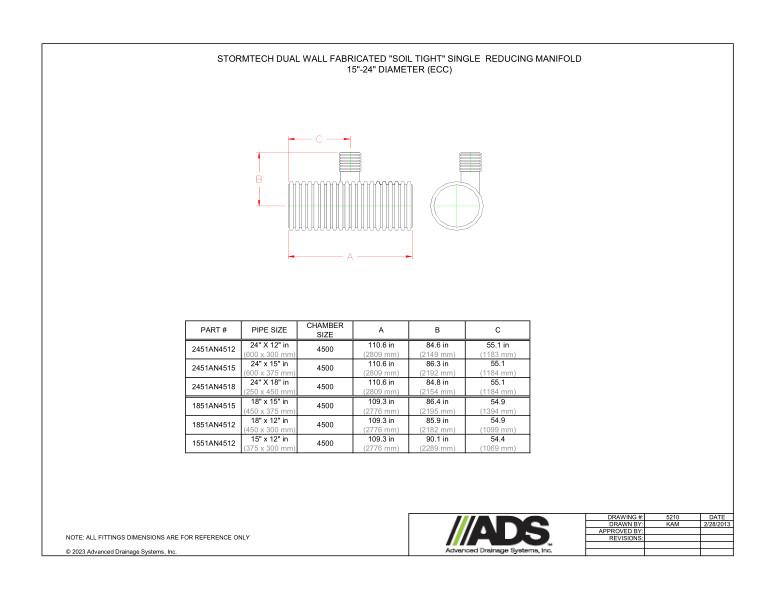 15" - 24" StormTech Dual Wall Fabricated Soil Tight Single Reducing Manifolds (StormTech Dual Wall HDPE Fittings)