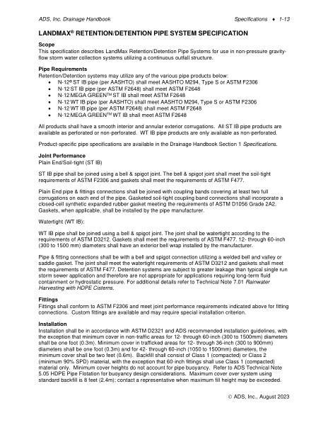 Retention/Detention Pipe System Specification