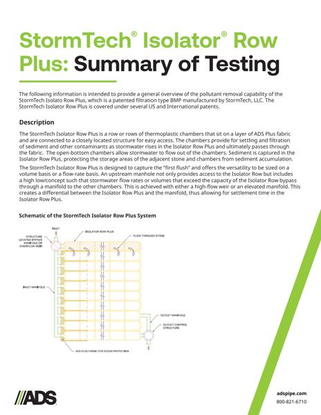 StormTech Isolator Row Plus Pollutant Removal Summary of Testing