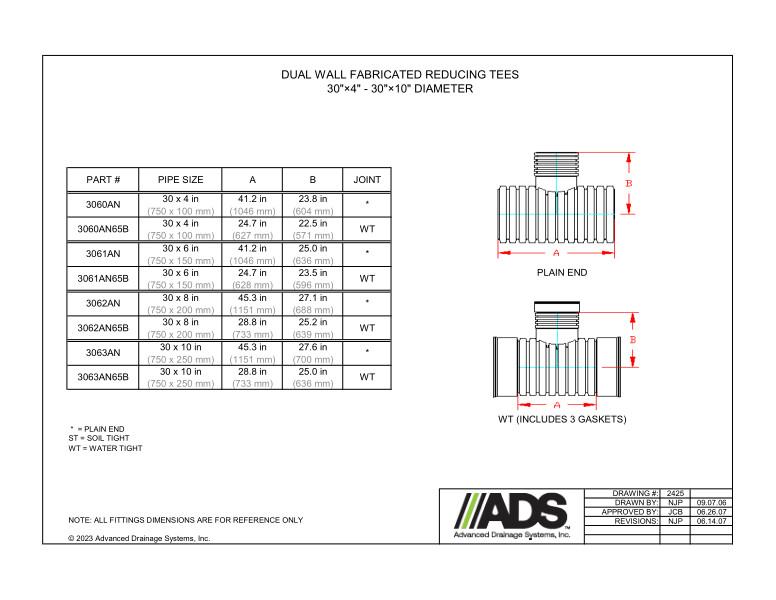 30" x 4" - 30" x 10" Fabricated Reducing Tees (HDPE Dual Wall Fabricated Tees Fittings)