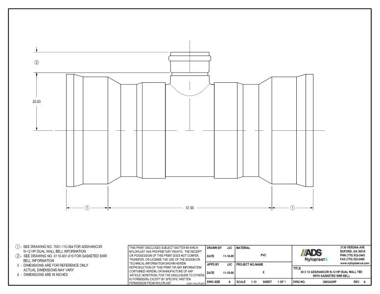 30 x 12 HP Tee with Gasketed SWR Bell Nyloplast Detail