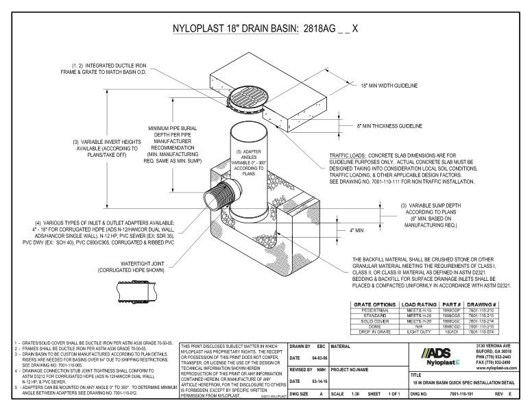18" Drain Basin Quick Spec Installation Nyloplast Detail