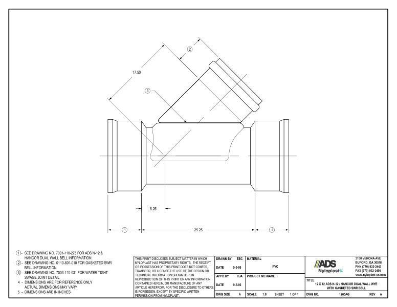 12 x 12 N-12 Dual Wall Wye with Gasketed SWR Bell Nyloplast Detail