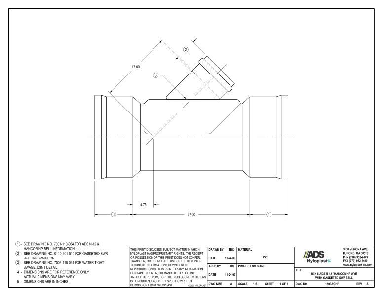 15 x 8 HP Wye with Gasketed SWR Bell Nyloplast Detail