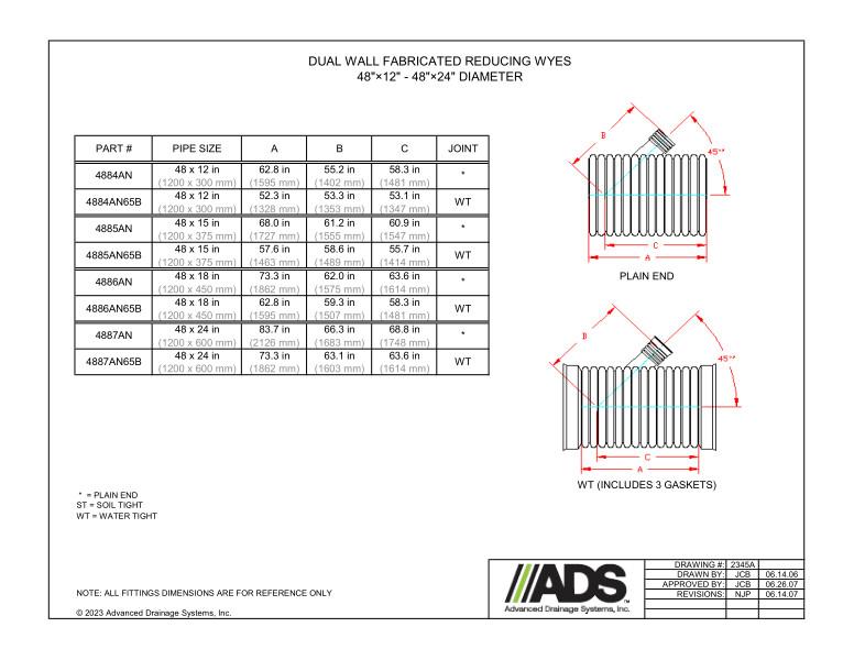 48" x 12" - 48" x 24" Fabricated Reducing Wyes (HDPE Dual Wall Fabricated Wyes Fittings)