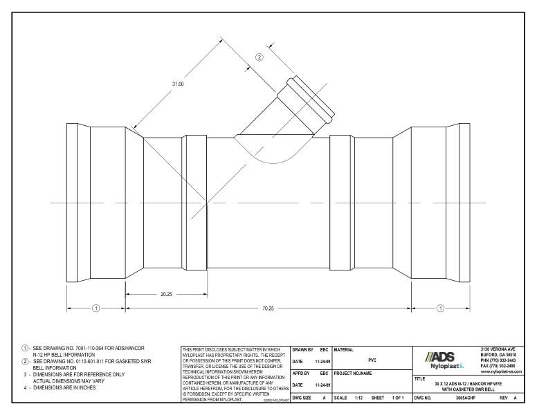 30 x 12 HP Wye with Gasketed SWR Bell Nyloplast Detail