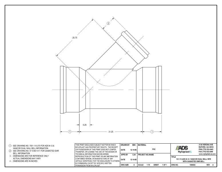 18 x 15 N-12 Dual Wall Wye with Gasketed SWR Bell Nyloplast Detail