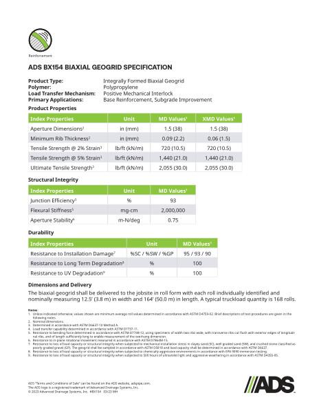 ADS BX154 Geogrid Geosynthetic Specification