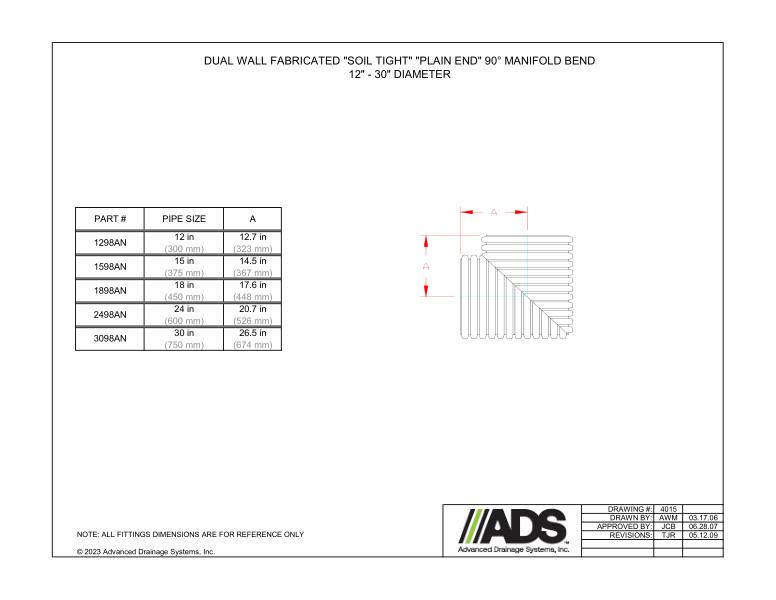 12" - 30" Fabricated Soil Tight Plain End 90 Degree Manifold Bends (HDPE Dual Wall Fabricated Manifolds Fittings)