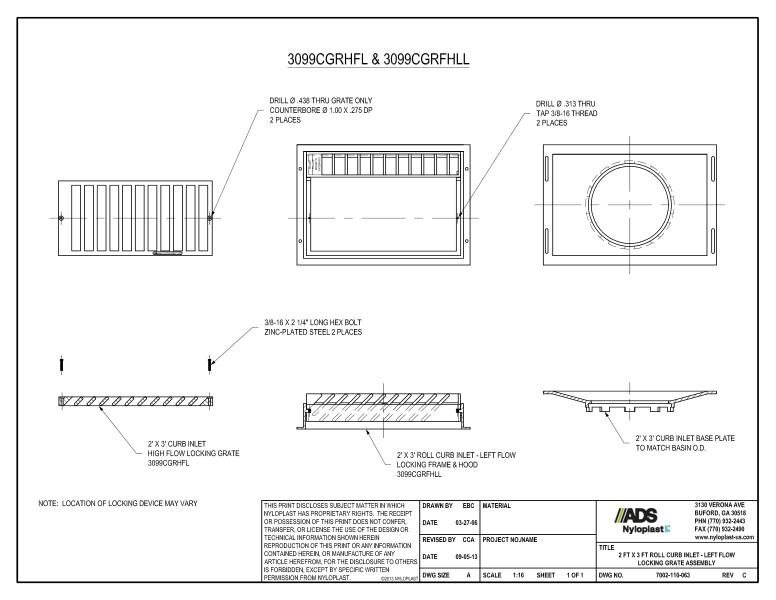 2' x 3' Roll Curb Inlet - Left Flow Locking Grate Assembly Nyloplast Detail