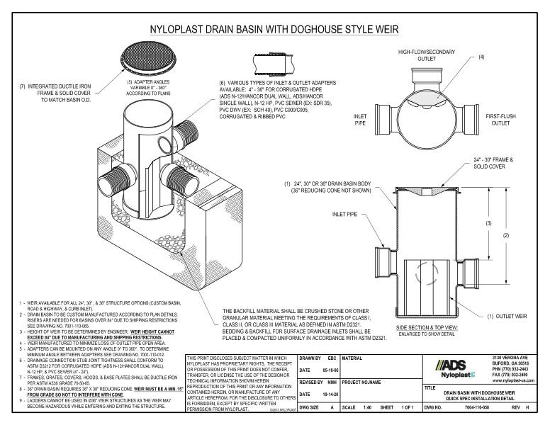 Drain Basin with Weir Quick Spec Installation Nyloplast Detail