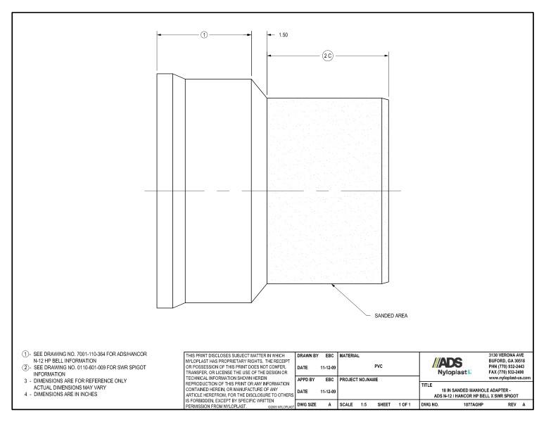 18" Sanded Manhole Adapter - HP Bell x SWR Spigot Nyloplast Detail