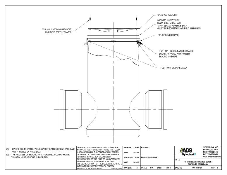 18" - 30" Sealed Frame & Cover Bolted to Drain Basin Nyloplast Detail