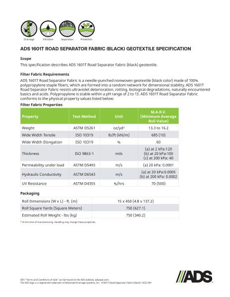 1601T Road Separator Fabric (black) Geosynthetic Specification