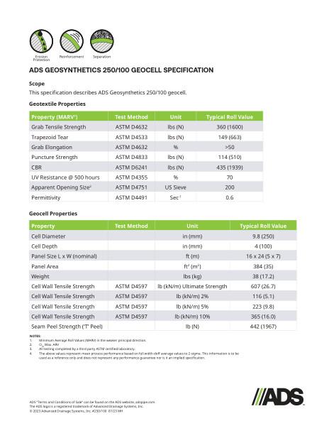 250/100 Geocell Geosynthetic Specification