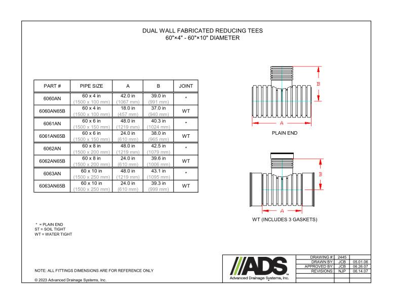 60" x 4" - 60" x 10" Fabricated Reducing Tees (HDPE Dual Wall Fabricated Tees Fittings)