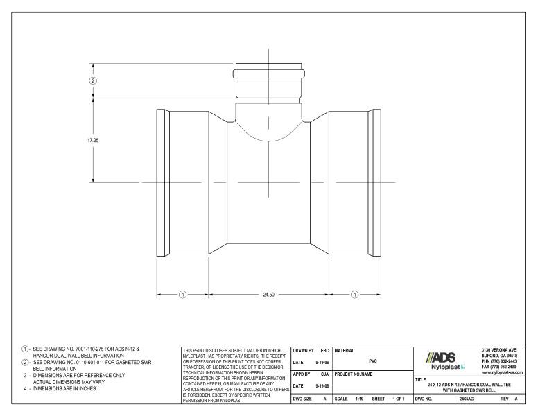 24 x 12 N-12 Dual Wall Tee with Gasketed SWR Bell Nyloplast Detail