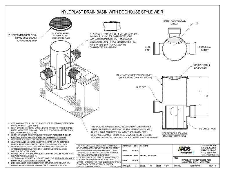 Drain Basin with Weir Quick Spec Installation Nyloplast Detail