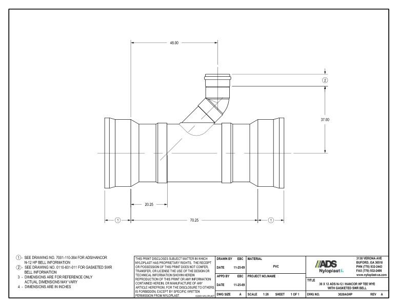 30 x 12 HP Tee Wye with Gasketed SWR Bell Nyloplast Detail