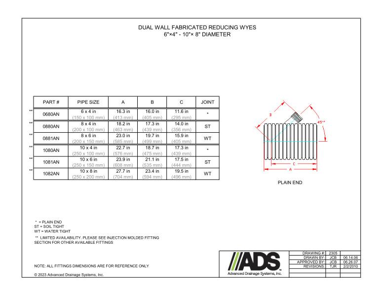 6" x 4" - 10" x 8" Fabricated Reducing Wyes (HDPE Dual Wall Fabricated Wyes Fittings)