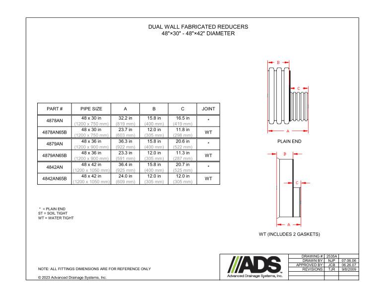 48" x 30" - 48" x 42" Fabricated Reducers (HDPE Dual Wall Fabricated Reducers Fittings)