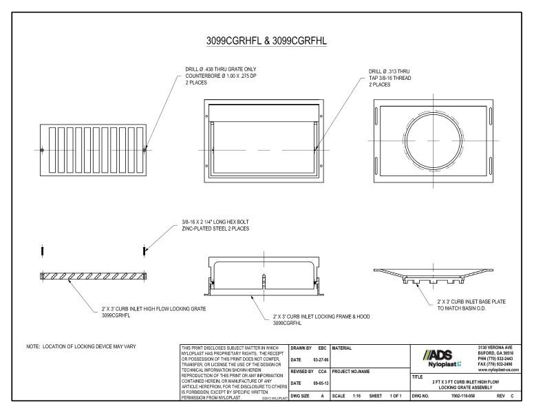 2' x 3' Curb Inlet High Flow Locking Grate Assembly Nyloplast Detail