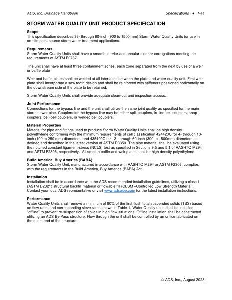 Storm Water Quality Unit Specification