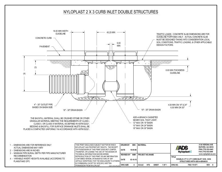 Double 2' x 3' Curb Inlet 18" - 30" Structures with Add-A-Branch Nyloplast Detail