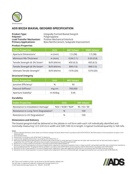 ADS BX224 Grid Geosynthetic Specification