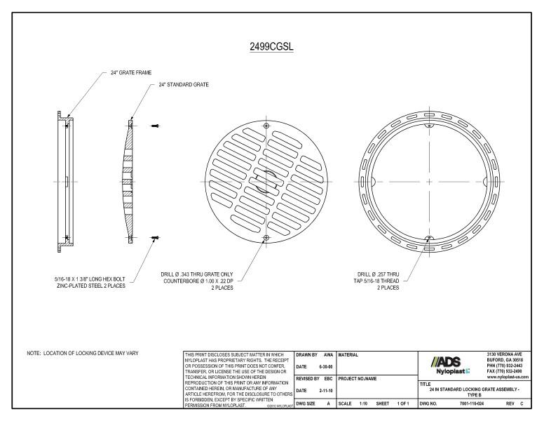 24" Standard Locking Grate Assembly Nyloplast Detail